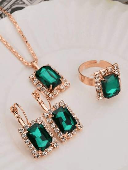 European And American Style Geometric Square Design Necklace, Earrings And Ring Set With Rhinestone