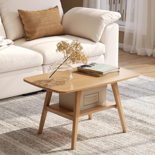 100% Solid Oak Wood Coffee Table for Living Room, Small Coffee Table with Shelf Storage, Mid Century Modern Coffee Table with Rounded Corners (Natural, 31.5“ x 19.69” x 17.32“)